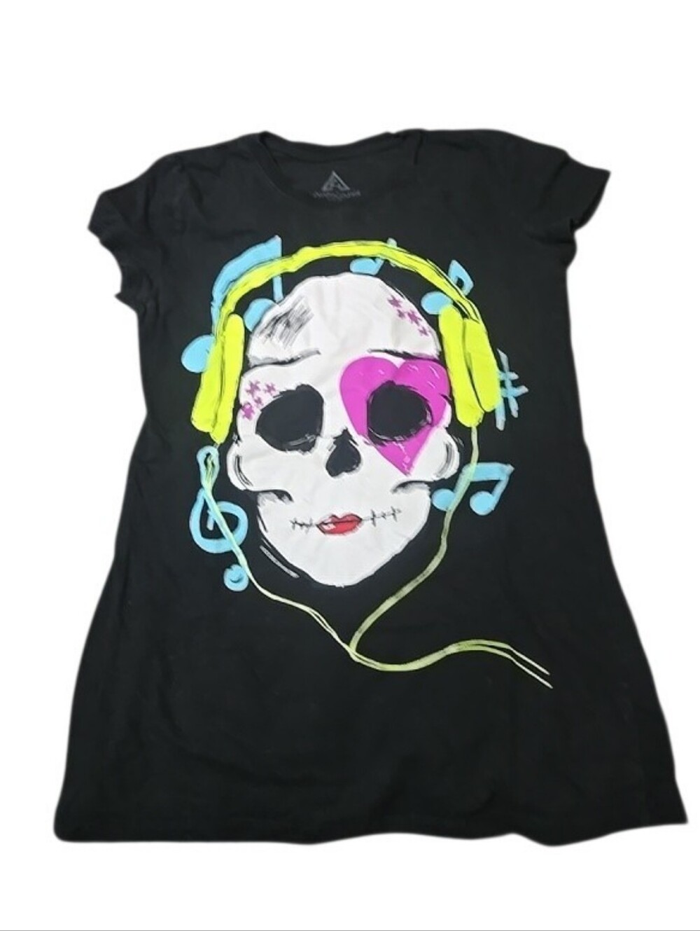 Y2k 2014 Audio Council Black Graphic Skull Tee with Neon Headphones